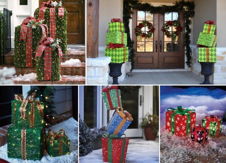 Decoration of a country house with gift boxes