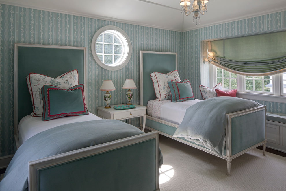 Striped wallpaper in the interior of a bedroom in the style of provence