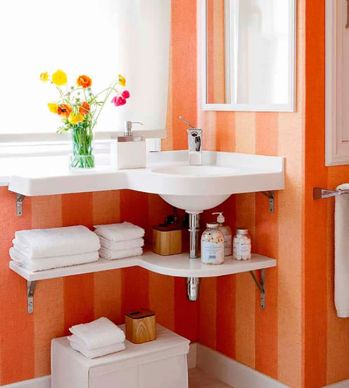 Open shelves under the sink in the bathroom