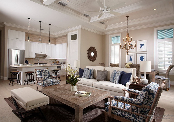 A coffee table in the center of the living room interior composition