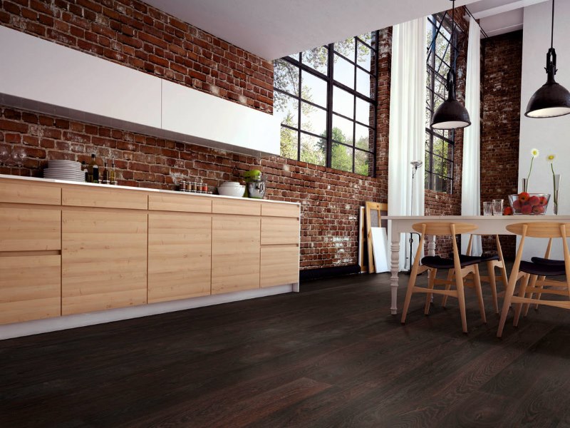 Dark brown linoleum in the interior of the industrial-style living room