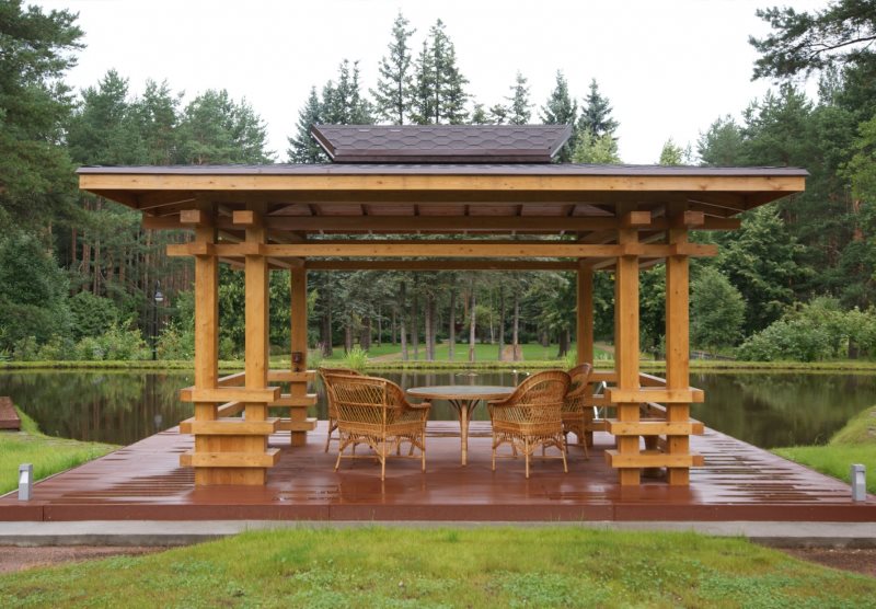 Japanese-style open gazebo on the shore of a pond