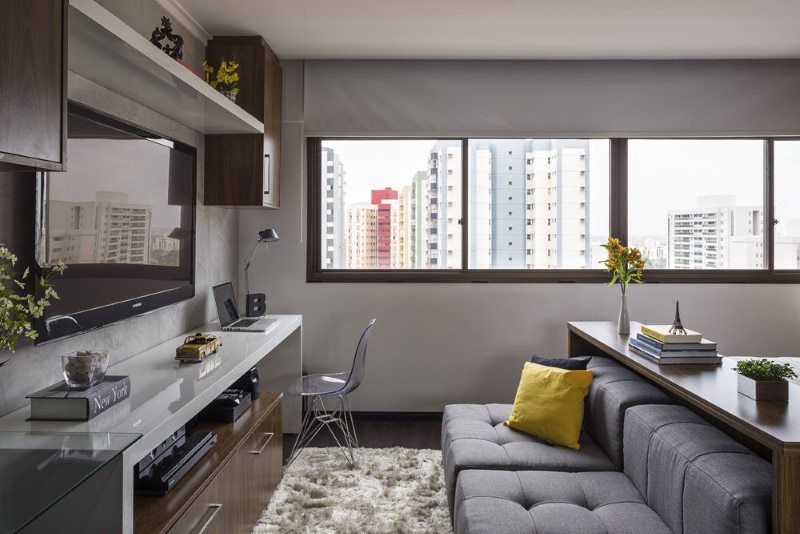 Sofa in the interior of the living room of a city apartment