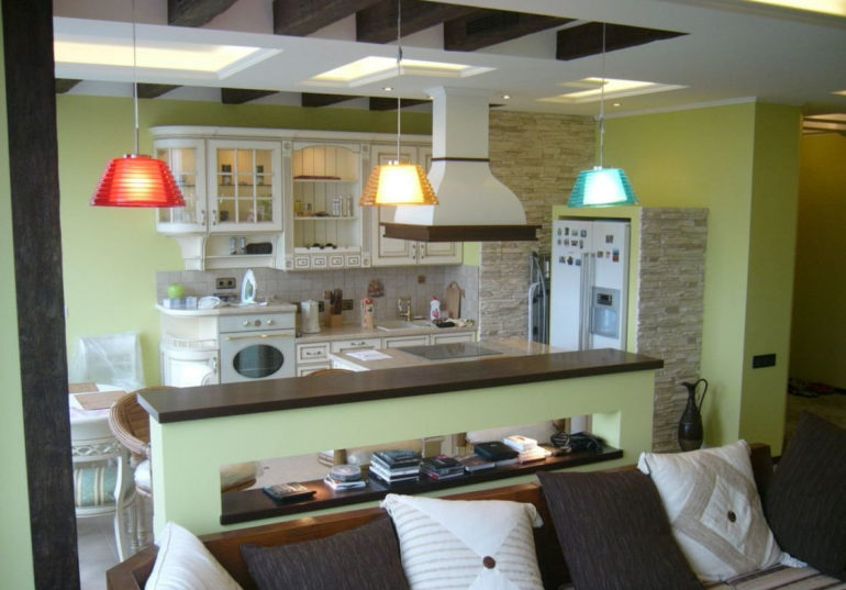 Zoning of the kitchen-living room with lighting