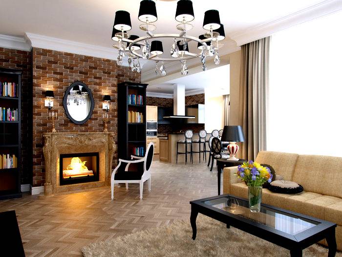 Chandelier with black shades on the ceiling of a modern living room