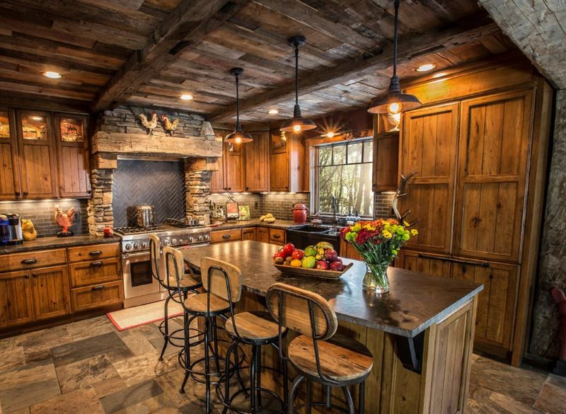 Wood and stone in the kitchen-living room