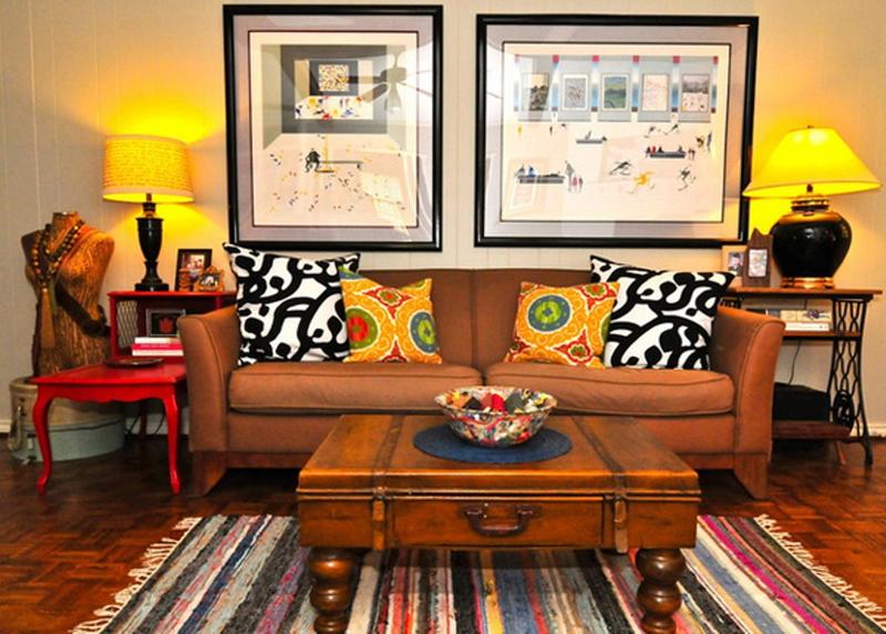 Tan sofa in the Moroccan-style living room