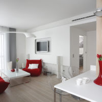 White interior with red accents