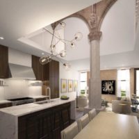 Design project of a kitchen-living room with columns