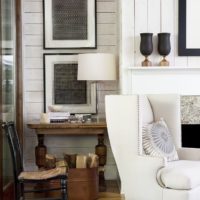 Brown furniture in a room with white walls.