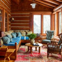 The interior of the living room in the log house