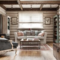 The interior of the living room in a log house