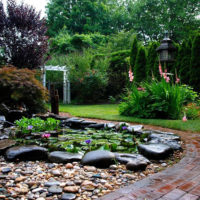 Curving brick garden path