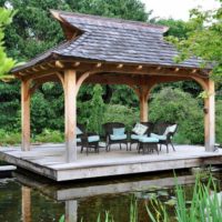 Oriental-style gazebo by the garden pond