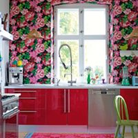 Colorful floral wallpaper on the kitchen wall