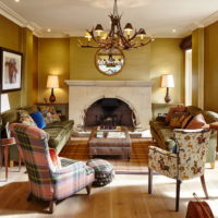 Furniture with colorful upholstery in the interior of the living room