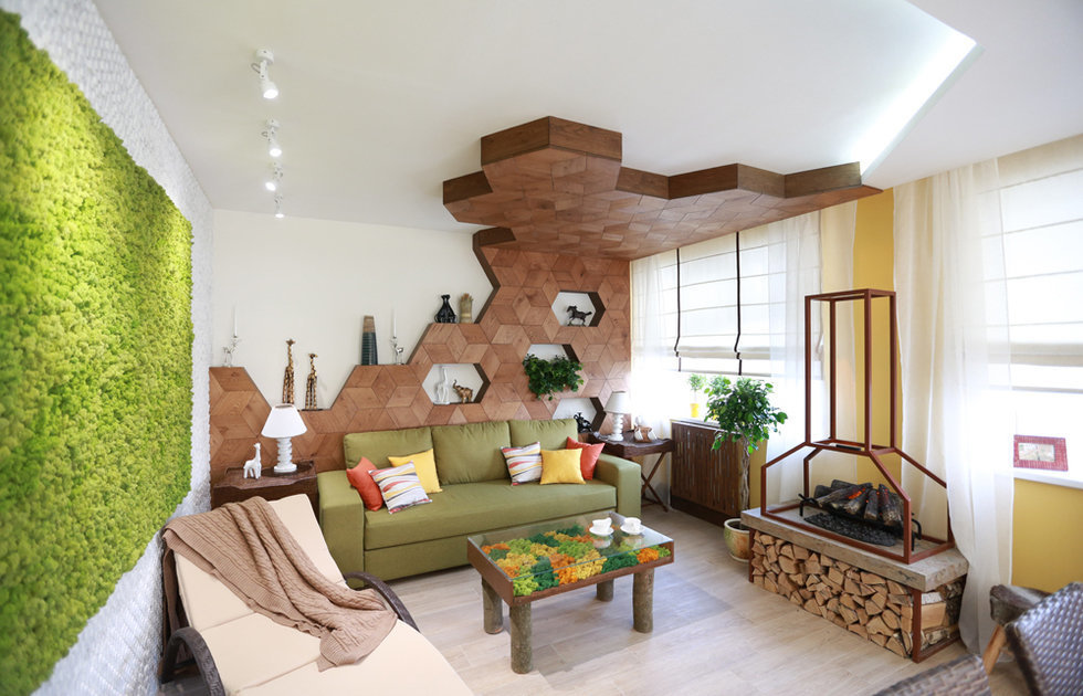 Beautiful interior of the living room of the country house in eco-style