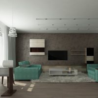 Gray living room with mint sofas