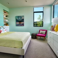 The interior of the bedroom in calm shades