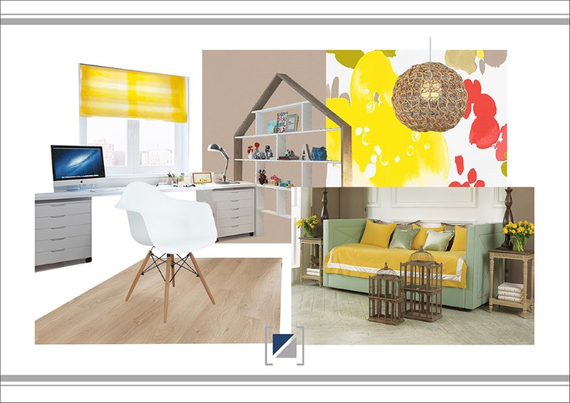 Collage of the interior of the children's room with a predominance of yellow