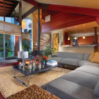 Bright colors in the interior of the living room of a private house