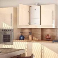 Kitchen design with gas water heater inside a chipboard cabinet