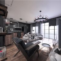 Dark living room interior with wood trim