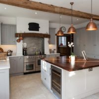 Lamps with copper shades in the interior of the kitchen