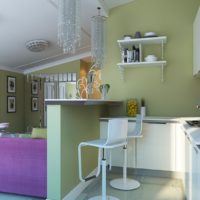 The combination of green and purple in the kitchen-living room