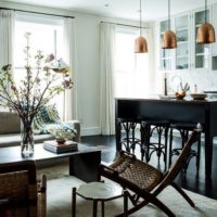 Lamps with copper shades over the kitchen island