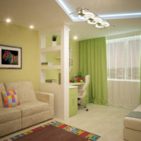 Green color in the living room kitchen interior