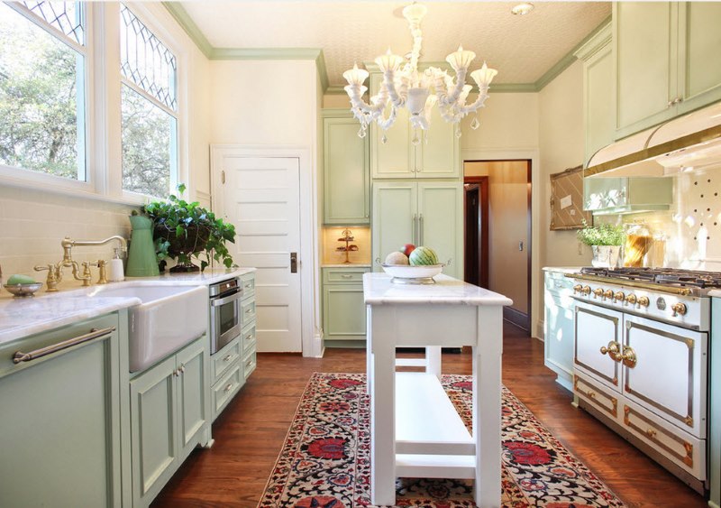 Carpet on the parquet floor in the classic design kitchen