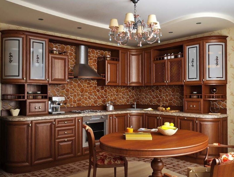 Classic style kitchen interior with a natural wood set