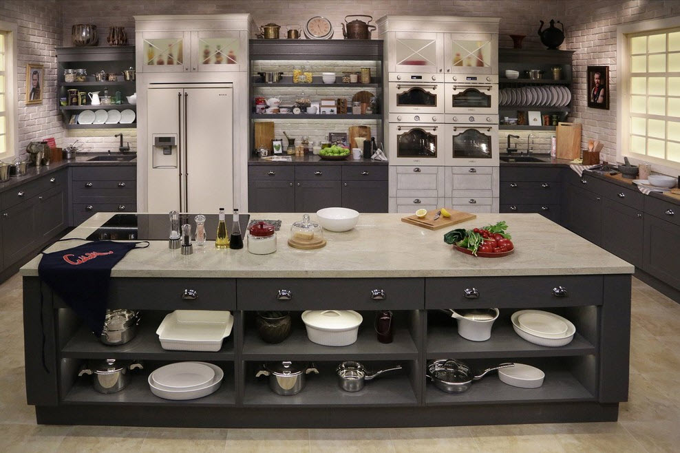 Kitchen island with shelves for storing dishes