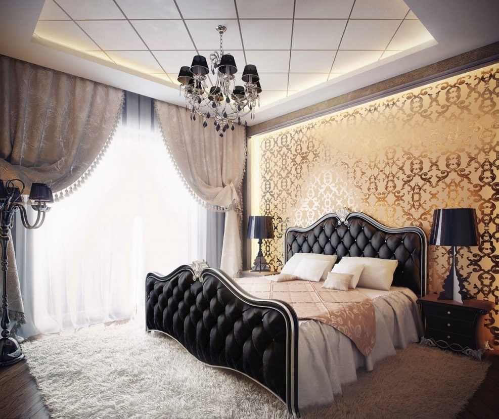 Wall decoration in the bedroom with gold print wallpaper