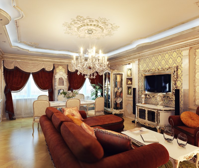 Classic-style chandelier on the ceiling of the living room