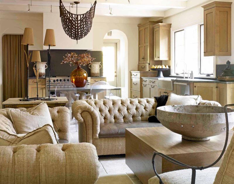 Upholstered furniture with burlap upholstery in the living room interior