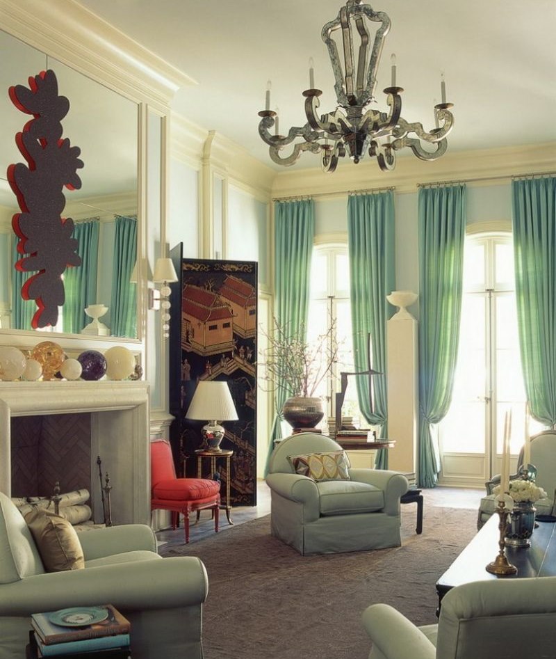 Mint curtains in the living room of a private house