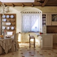 Wooden shelves for dishes in the interior of the kitchen