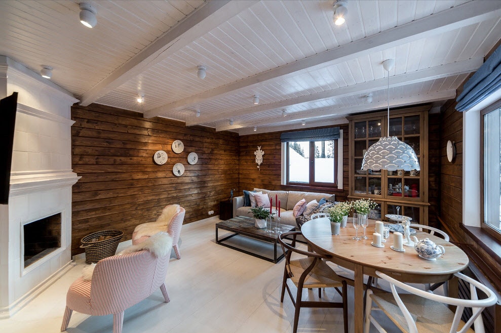 White wooden ceiling in the kitchen of a country house