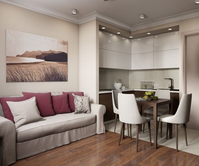 Gray sofa and dining table in the kitchen-living room