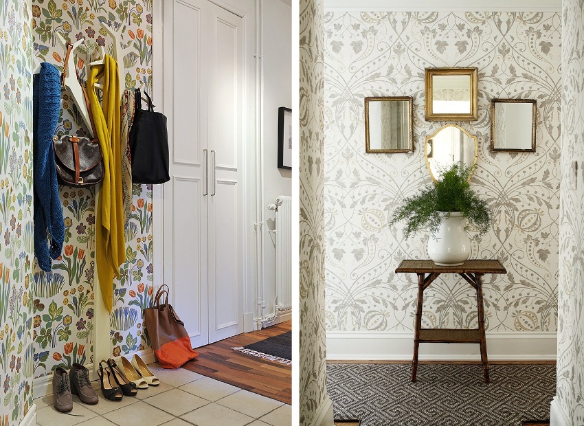 Vinyl wallpaper with small ornaments in the corridor of a city apartment