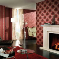 The interior of the living room with a fireplace in dark shades