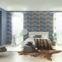 Modern bedroom with blue wallpaper