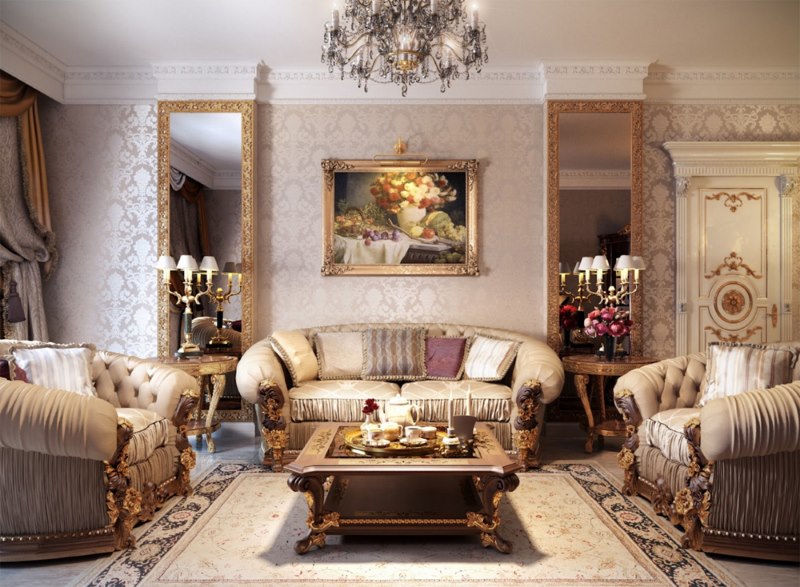 The decoration of the walls of the living room with wallpaper in a classic style