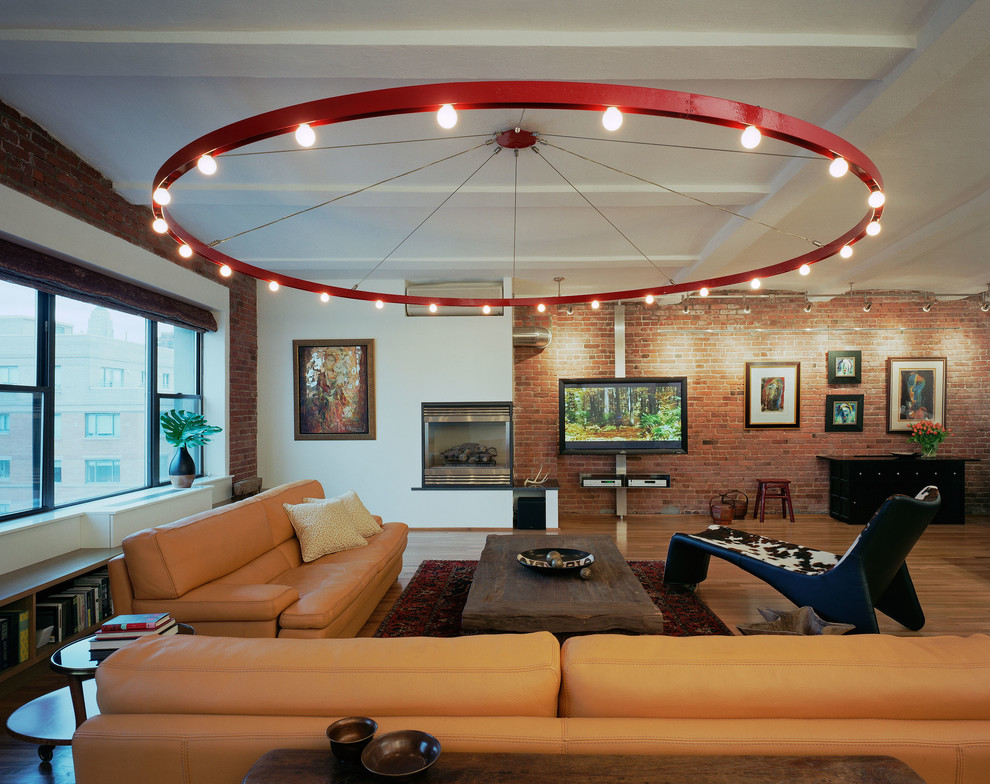 Loft style living room interior with giant chandelier