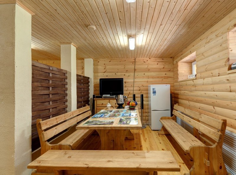 Lining the walls and ceiling of the relaxation room in the bathhouse with wood