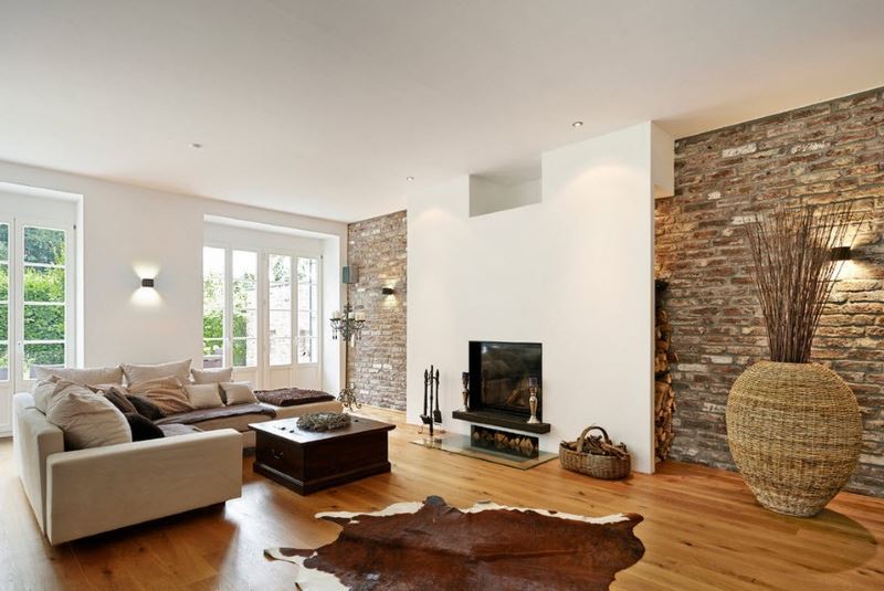 Living room interior of a private house with a wicker vase