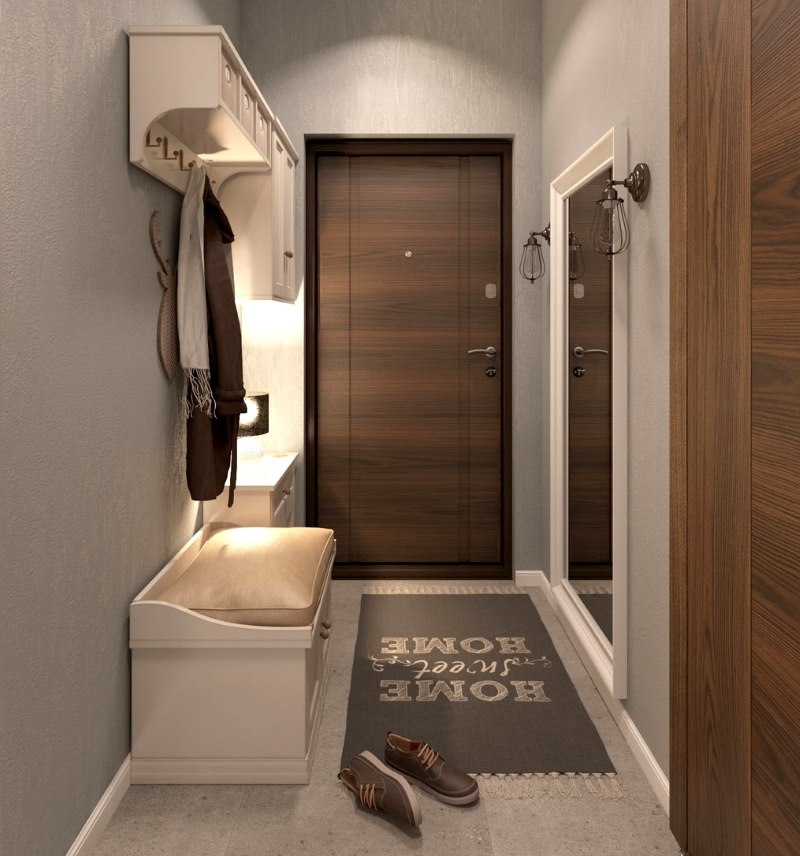 A rug with inscriptions on the floor of the hallway in a city apartment