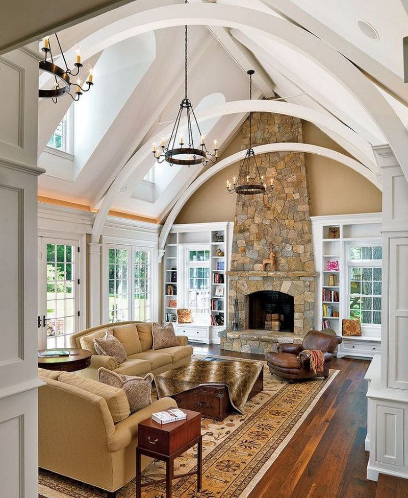 Drywall arched beams in the interior of the hall of a country house